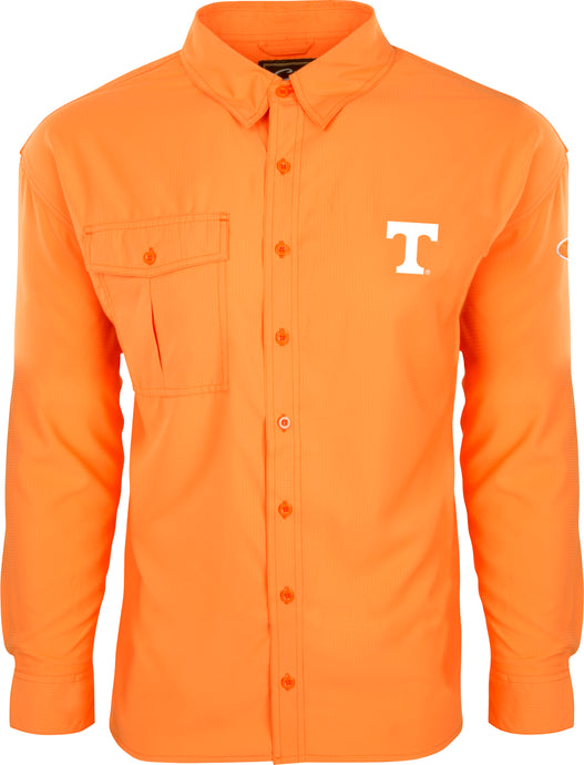 Tennessee L/S Flyweight Shirt: Lightweight orange shirt with long sleeves. Made of 100% polyester Flyweight fabric for quick drying and breathability. Features include UPF 50+ sun protection, vented mesh back, and vertical chest pockets. Ideal for warm-weather outdoor activities.