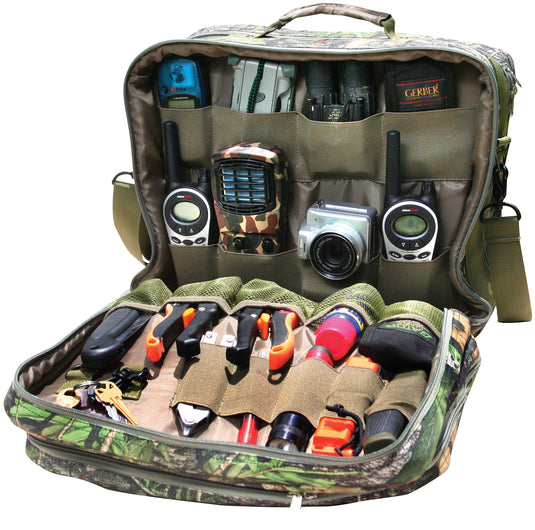 Alt text: "Ol' Tom Treasure Chest, a bag with over 90 compartments for organizing turkey calls and tools. Perfect for trips or post-season storage."