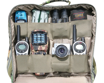 Ol' Tom Treasure Chest, a bag with a variety of electronics, perfect for turkey season. Keep all calls and tools organized with over 90 custom compartments on 7 separate walls. Ideal for trips or post-season storage.