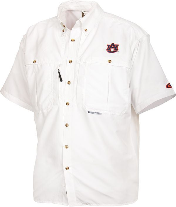 Auburn Wingshooter's Shirt: White shirt with logo, collar, short sleeves, buttons, and vented areas for breathability. Perfect for Game Day.