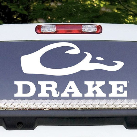Drake Large Window Decal, featuring the recognizable Drake logo. This outdoor vinyl decal measures 27.75" wide x 13.5" tall, perfect for your back glass or enclosed trailer. Show off your passion for hunting with this long-lasting and water-resistant decal.