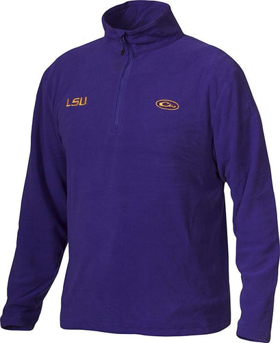 LSU Camp Fleece 1/4 Zip Pullover, a midweight layering garment with LSU embroidered logo. Anti-pill finish and moisture-wicking for longer fabric life.