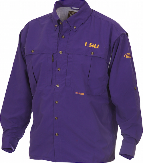 LSU Wingshooter's Shirt L/S: Breathable, quick-drying shirt with front and back ventilation. Features oversized chest pockets, Magnattach™ pocket, and zippered pocket. Perfect for Game Day.