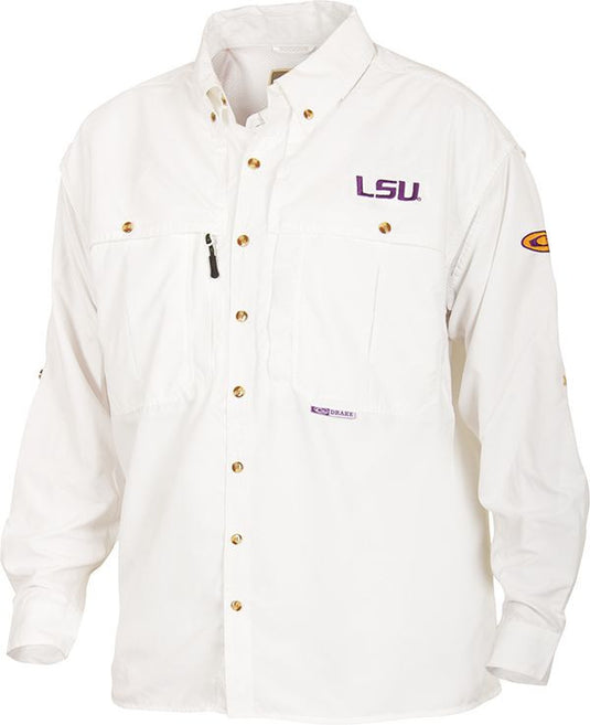 LSU Wingshooter's Shirt L/S - White shirt with purple logo. Breathable, quick-drying fabric with front and back ventilation. Magnattach™ and zippered pockets for convenience. Perfect for Game Day.