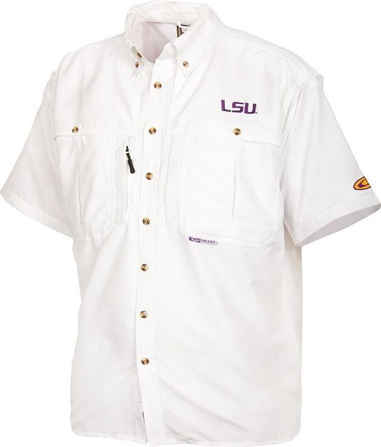 LSU Wingshooter's Shirt S/S: Breathable, quick-drying shirt with front and back ventilation. Features Magnattach™ pocket, zippered chest pocket, and oversized chest pockets. Perfect for Game Day.