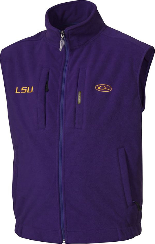 LSU Windproof Layering Vest with purple fabric and yellow logo embroidery. Features stand-up collar, zippered pocket, and hand warmer pockets.