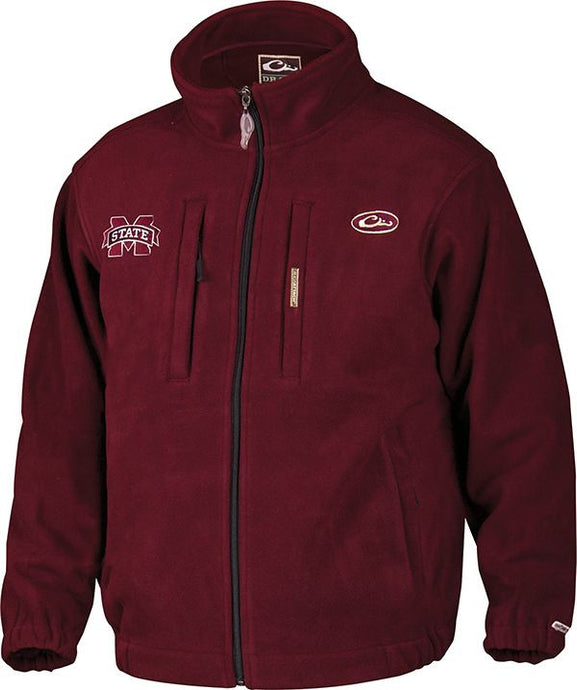 A windproof maroon jacket with a logo on the right chest, featuring vertical zippered and magnetic chest pockets, hand warmer pockets with zippered closures.