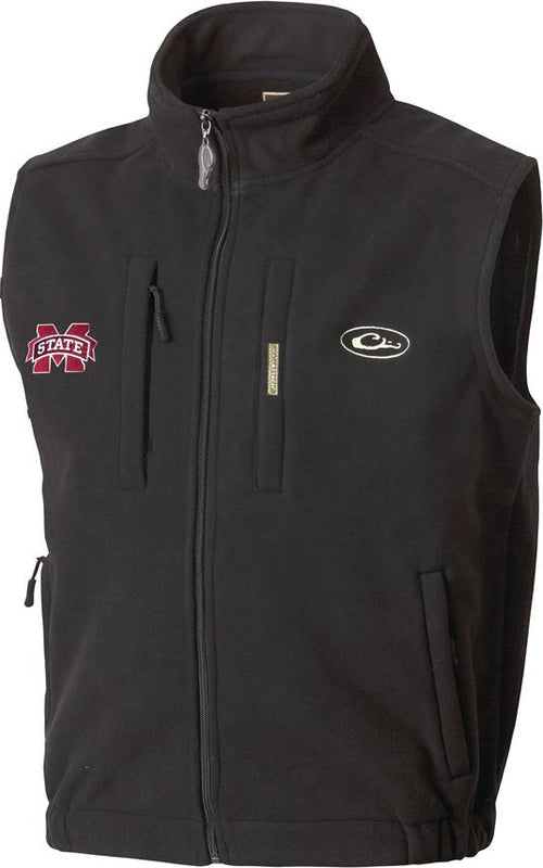 A black Windproof Layering Vest with MSU logo embroidery on the right chest. Features a stand-up collar, vertical zippered license/key pocket on chest, Magnattach™ chest call pocket, and lower handwarmer pockets.