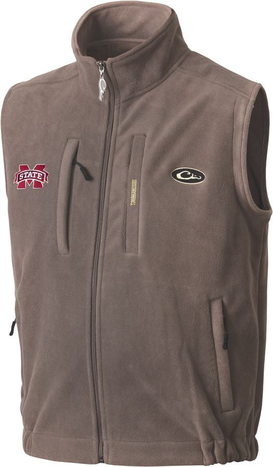 Mississippi State Windproof Layering Vest with logo on chest, featuring windproof barrier, stand-up collar, zippered pocket, and handwarmer pockets.