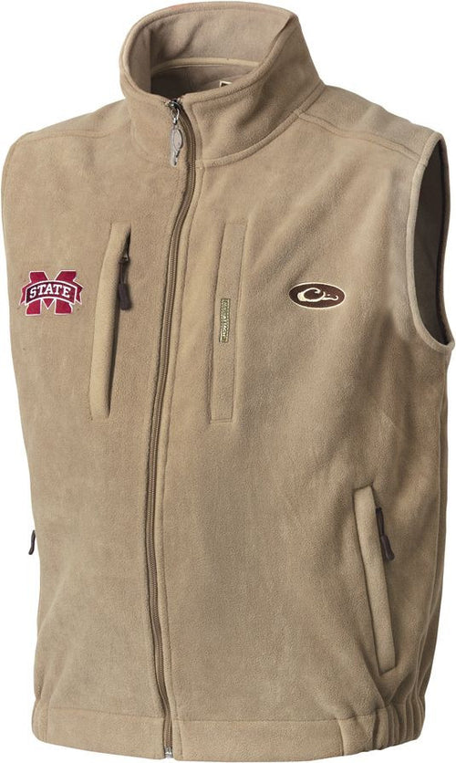 A Mississippi State Windproof Layering Vest with a logo on the right chest, made of windproof, water-resistant fleece. Features include a stand-up collar, zippered license/key pocket on the chest, and lower handwarmer pockets.