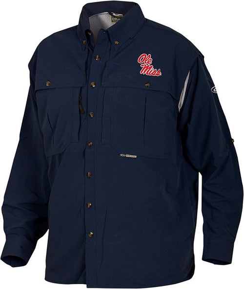 Ole Miss Wingshooter's Shirt Long Sleeve - Blue jacket with logo, perfect for Game Day. Breathable, quick-drying fabric with front and back ventilation. Magnattach pocket, zippered chest pocket, and oversized chest pockets for functionality. Made with high-quality materials for hunting and outdoor activities.