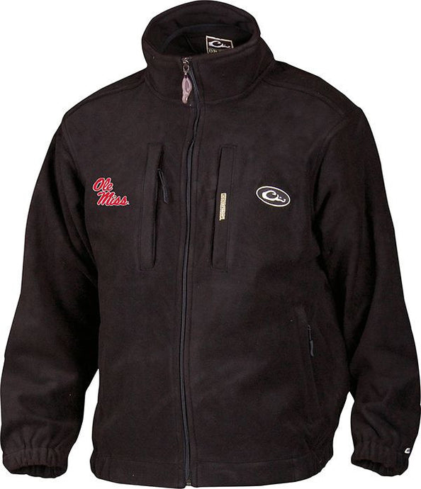 Ole Miss Windproof Layering Coat: A black jacket with a logo on the right chest. Windproof, lightweight, and breathable. Features zippered chest pockets and handwarmer pockets.