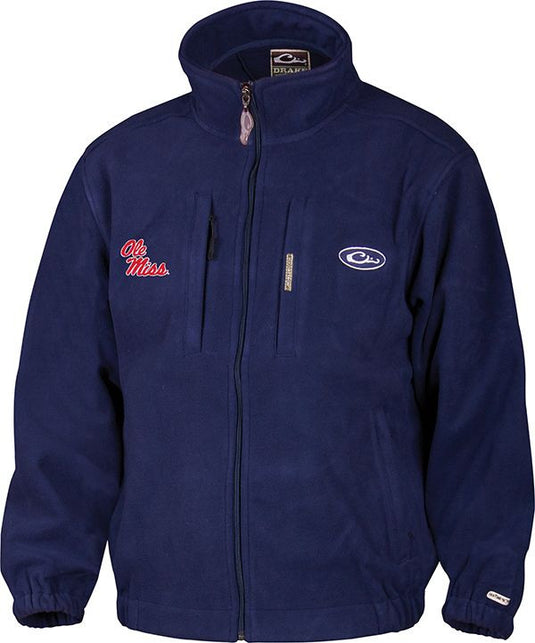 Ole Miss Windproof Layering Coat with logo on right chest, featuring windproof/waterproof/breathable technology. Vertical zippered chest pocket, magnetic chest pocket, and handwarmer pockets with zippered closures. High warmth-to-weight ratio.