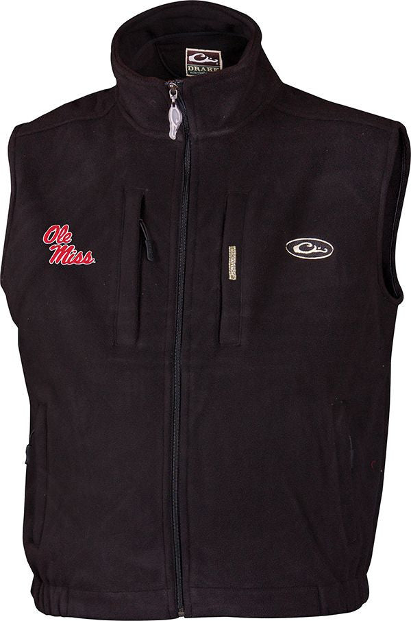 Ole Miss Windproof Layering Vest with logo embroidery on right chest. Stand-up collar, zippered pocket on chest, call pocket, and handwarmer pockets. Windproof, water-resistant, ultra-warm fleece.