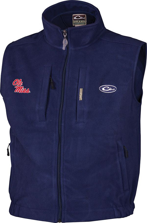 Ole Miss Windproof Layering Vest with logo embroidery on right chest. Features stand-up collar, zippered pocket, and handwarmer pockets.