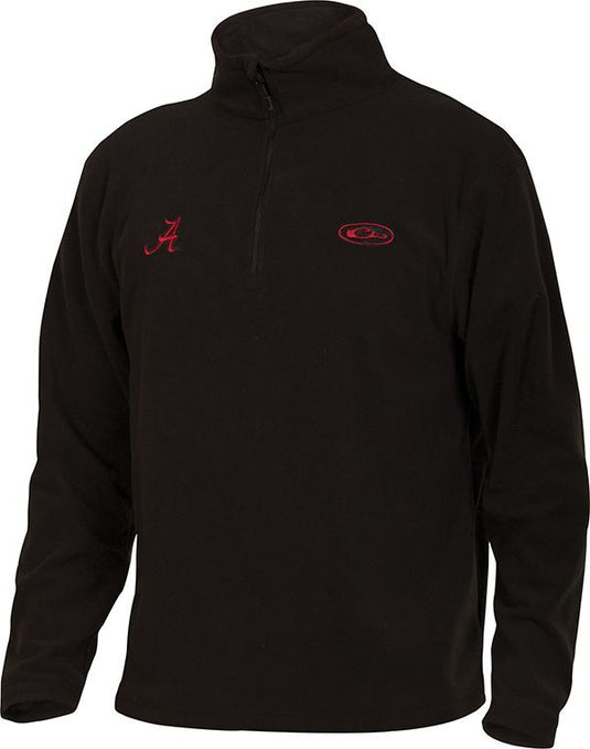 Alabama Camp Fleece 1/4 Zip Pullover: Mid-weight black jacket with red University of Alabama logo on right chest. Anti-pill finish for longer fabric life. Perfect for cool fall days.