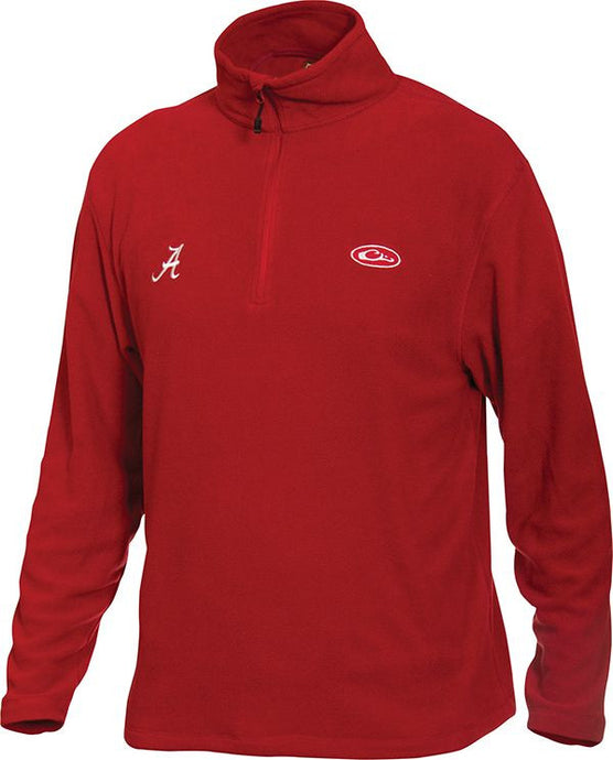 Alabama Camp Fleece 1/4 Zip Pullover: A red jacket with a white logo, perfect for cool fall days. Features University of Alabama embroidered logo on right chest. Mid-weight layering garment made of 100% Polyester micro-fleece with anti-pill finish and moisture-wicking properties.