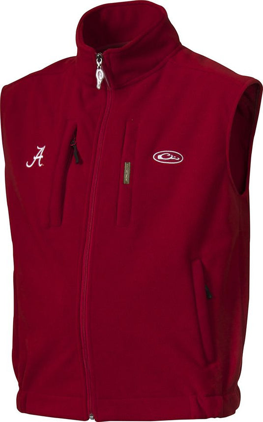 Alabama Windproof Layering Vest with red fabric and a white logo. Features stand-up collar, zippered pocket, and handwarmer pockets.
