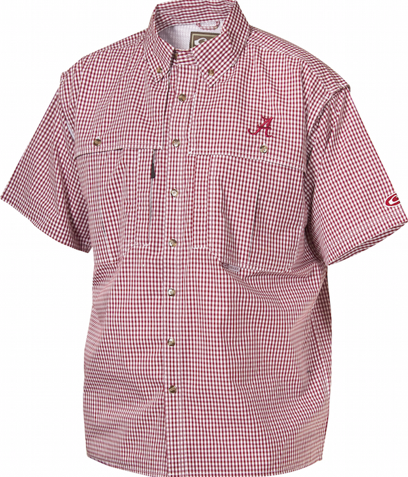 A breathable and quick-drying Alabama Plaid Wingshooter's Shirt with front and back ventilation, perfect for outdoor activities or casual office days. Features include a stand-up collar for sun protection, Magnattach™ left chest pocket, and multiple chest pockets for storage.
