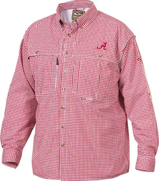 A breathable, quick-drying Alabama Plaid Wingshooter's Shirt with front and back ventilation. Features roll-up tabs for secure sleeves and an embroidered Alabama logo on the left chest. Perfect for outdoor activities or casual office days.