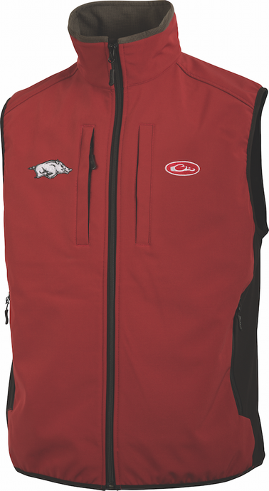 Arkansas Windproof Tech Vest: A lightweight, windproof polyester vest with bonded fleece lining. Features Arkansas logo embroidery on right chest.