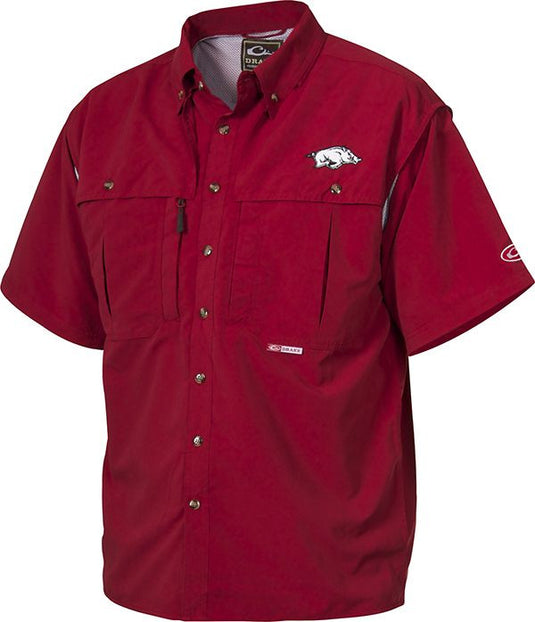 Arkansas Wingshooter's Shirt: Red shirt with a pig design. Breathable, quick-drying fabric with front and back ventilation. Features oversized chest pockets, Magnattach™ pocket, and zippered vertical pocket. Perfect for Game Day.