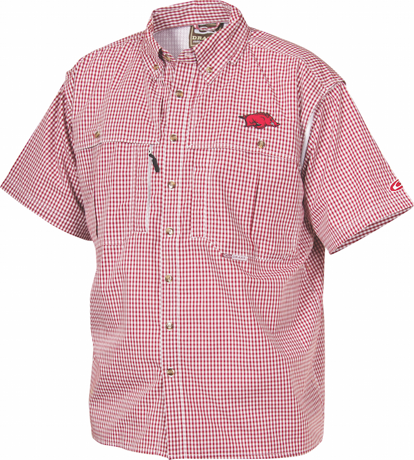 Arkansas Plaid Wingshooter's Shirt Short Sleeve - Breathable, quick-drying shirt with front and back ventilation for maximum air circulation. Features Magnattach™ left chest pocket, 2 large chest pockets, and a zippered vertical right chest pocket. Ideal for outdoor activities or casual office wear.