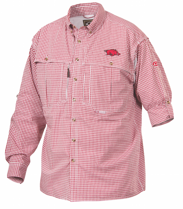 Arkansas Plaid Wingshooter's Shirt Long Sleeve, a breathable and quick-drying shirt with front and back ventilation for maximum air circulation. Features roll-up tabs to secure sleeves and an extended stand-up collar for sun protection. Embroidered with the Arkansas logo on the left chest.