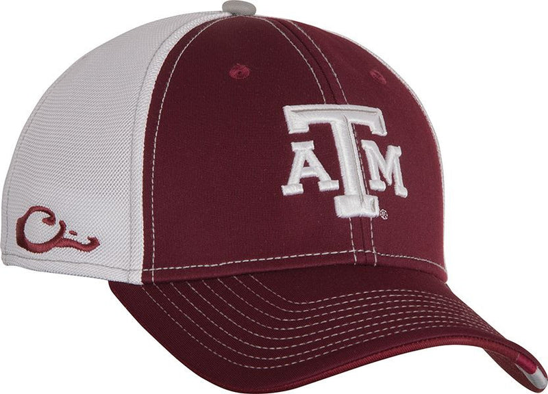 Texas A&M Stretch Fit Cap with red and white logo embroidery. Breathable mesh back, solid color front panels. Available in M/L and XL/2X sizes. Cotton stretch-fit material.