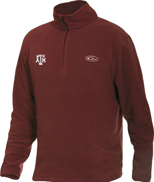 Texas A&M Camp Fleece 1/4 Zip Pullover: A maroon sweatshirt with the Texas A&M logo embroidered on the right chest. Midweight layering garment made of 100% polyester micro-fleece for cool fall days.