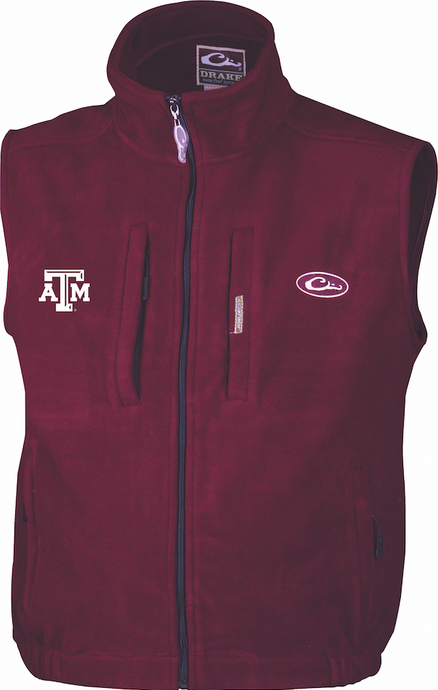 Texas A&M Windproof Layering Vest with maroon fabric and white logo embroidery on right chest. Stand-up collar, zippered pocket, and handwarmer pockets.