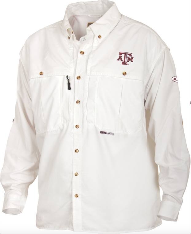 A white Texas A&M Wingshooter's Shirt L/S with logo, collar, buttons, and vented areas for breathability and moisture management.