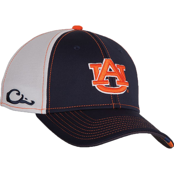 Auburn Stretch Fit Cap - A blue and white hat with orange and white stripes, featuring a raised team logo embroidery on the front. Made of cool, breathable cotton stretch-fit material. Available in M/L and XL/2X sizes. Perfect for big game hunting, waterfowl hunting, turkey hunting, and fishing.