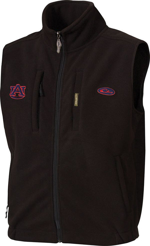 Auburn Windproof Layering Vest with logo embroidery on right chest. Windproof, water resistant, ultra-warm fleece. Stand-up collar, zippered pocket, call pocket, handwarmer pockets.