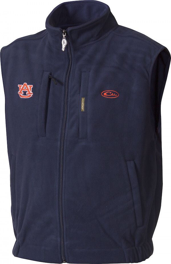 Auburn Windproof Layering Vest with logo embroidery on right chest. Features a stand-up collar, zippered pocket, and handwarmer pockets.
