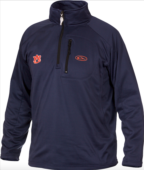 Auburn Breathelite 1/4 Zip: A blue jacket with a zipper, perfect for active outdoorsmen. Made of 100% polyester with 4-way stretch and square check fleece backing. Features University of Auburn logo embroidery on right chest.