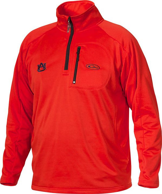 Auburn Breathelite 1/4 Zip: A red jacket with a zipper, perfect for active outdoorsmen. Made of 100% polyester with 4-way stretch and square check fleece backing for comfort and breathability. Features University of Auburn logo embroidery on right chest.