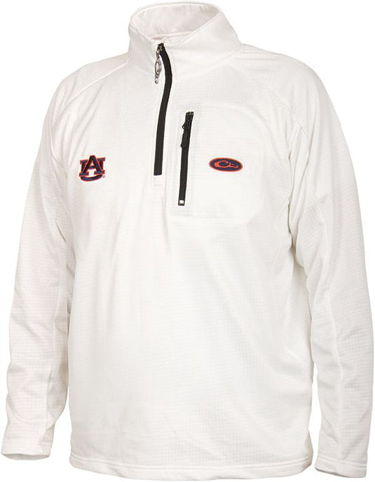 Auburn Breathelite 1/4 Zip: A white jacket with University of Auburn logo embroidery on the right chest. Ideal for active outdoorsmen, providing ultralight insulation and moisture management in a stylish pullover design.