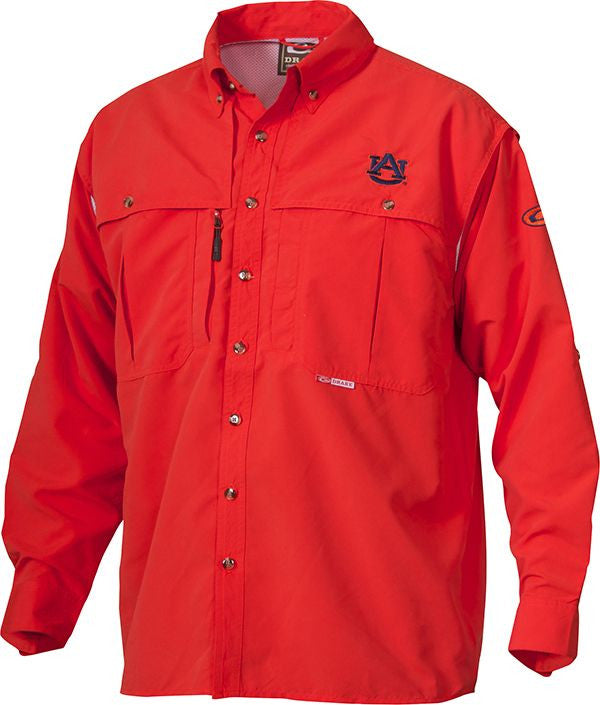 Auburn Wingshooter's Shirt Long Sleeve - A red shirt with long sleeves, perfect for Game Day. Features include front and back ventilation, oversized chest pockets, and a zippered pocket. Made with breathable, quick-drying polyester fabric.