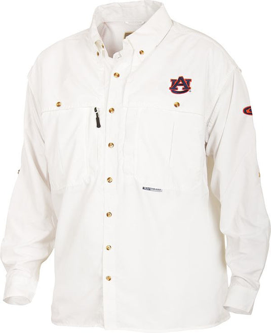 Auburn Wingshooter's Shirt Long Sleeve: Breathable, cool, and quick-drying white shirt with button design, front and back ventilation, and multiple chest pockets.