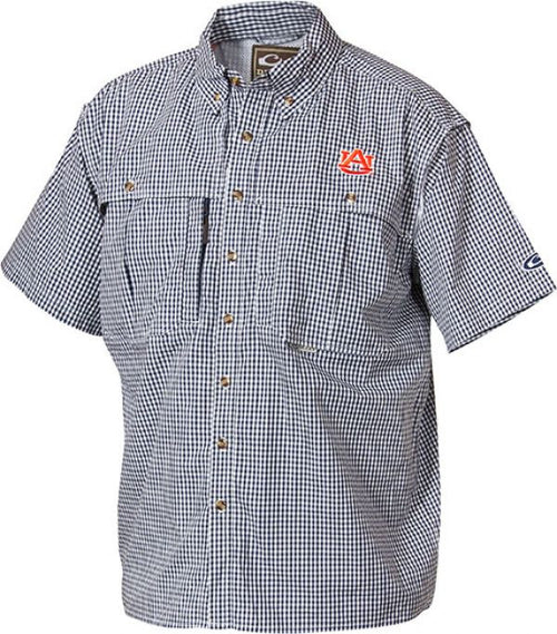 Auburn Plaid Wingshooter's Shirt Short Sleeve: Breathable, quick-drying shirt with Auburn logo embroidered on left chest. Features front and back ventilation, stand-up collar for sun protection, and multiple pockets. Ideal for outdoor activities or casual office wear.