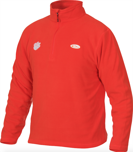 Clemson Camp Fleece 1/4 Zip Pullover: A red jacket with a white logo, perfect for cool fall days. Made of 100% polyester micro-fleece with moisture-wicking and anti-pill features.