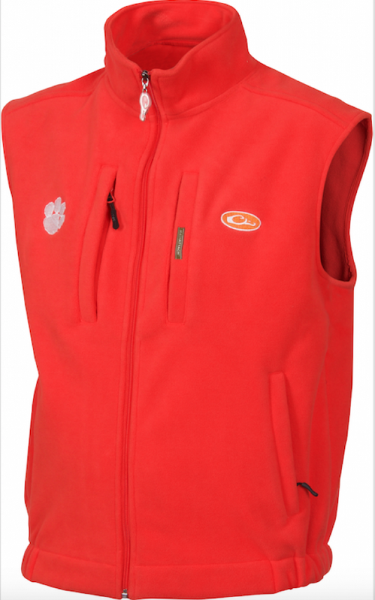Clemson Windproof Layering Vest with logo embroidery on right chest. Stand-up collar, zippered license/key pocket, Magnattach™ chest call pocket, and hand-warmer pockets. Windproof, water-resistant, ultra-warm fleece.