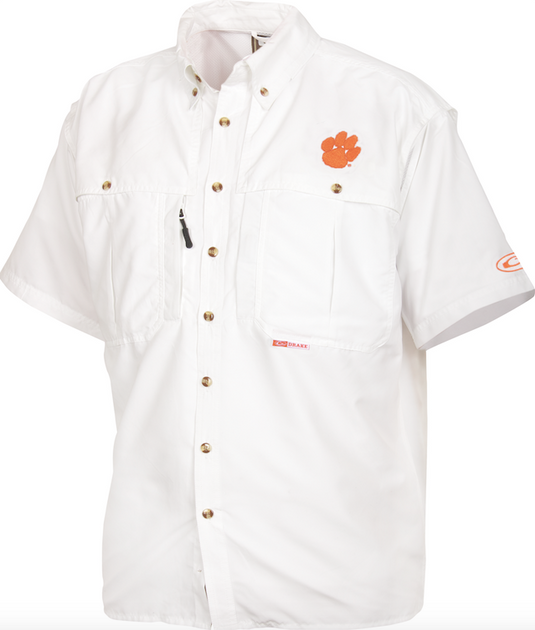 Clemson Wingshooter's Shirt Short Sleeve: Breathable, quick-drying shirt with front and back ventilation. Features oversized chest pockets, Magnattach pocket, and zippered vertical pocket. Perfect for Game Day.