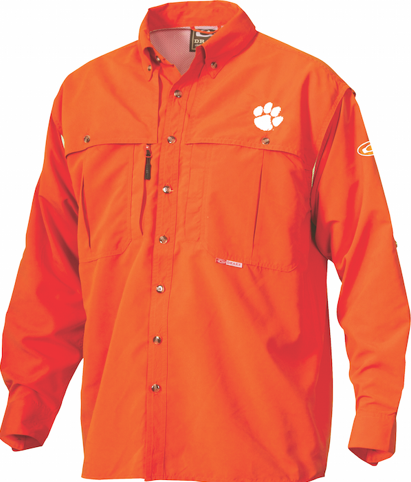 Clemson Wingshooter's Shirt Long Sleeve - Breathable, quick-drying polyester shirt with front and back ventilation. Features oversized chest pockets, Magnattach pocket, and zippered vertical pocket. Perfect for Game Day.