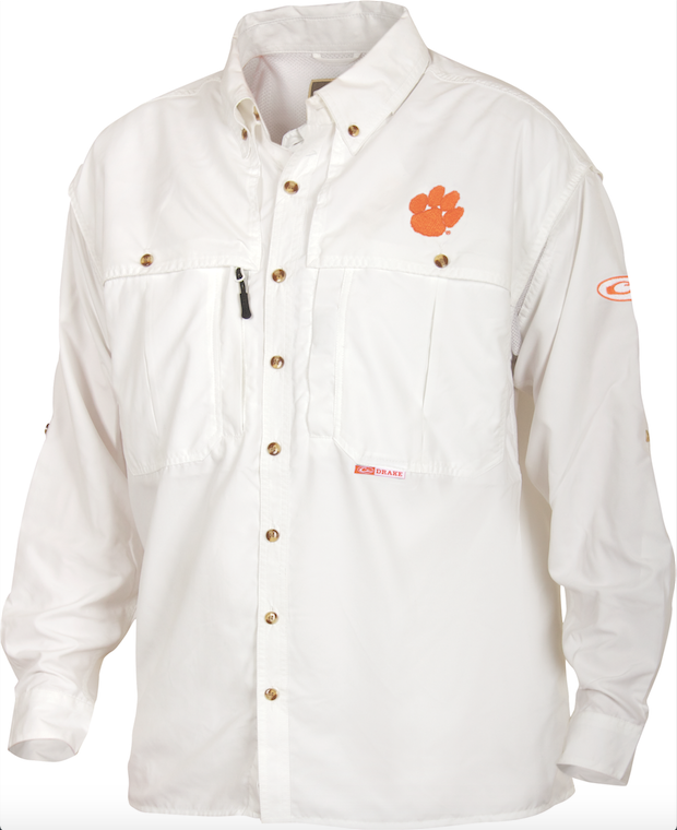 Clemson Wingshooter's Shirt Long Sleeve: Breathable, quick-drying shirt with front and back ventilation. Features Magnattach pocket, zippered chest pocket, and oversized chest pockets. Perfect for Game Day.