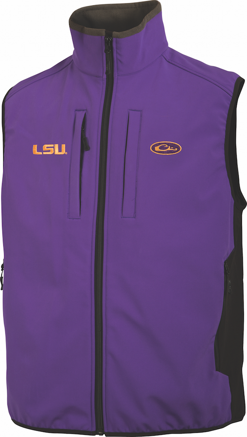 LSU Windproof Tech Vest with vertical chest pockets, stretch panels, and bonded fleece lining. Made of windproof, water-resistant polyester.