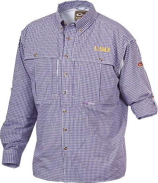 LSU Plaid Wingshooter's Shirt Long Sleeve - A breathable, quick-drying shirt with front and back ventilation for cool comfort outdoors. Features roll-up tabs and an extended stand-up collar for sun protection. Embroidered with Louisiana State Univ. logo on left chest.
