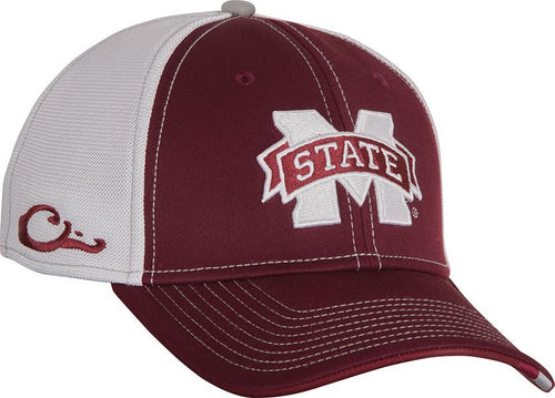 Mississippi State Stretch Fit Cap with maroon and white M logo embroidery. Cool, breathable mesh back with solid color front panels. Available in M/L and XL/2X sizes. Cotton stretch-fit material.