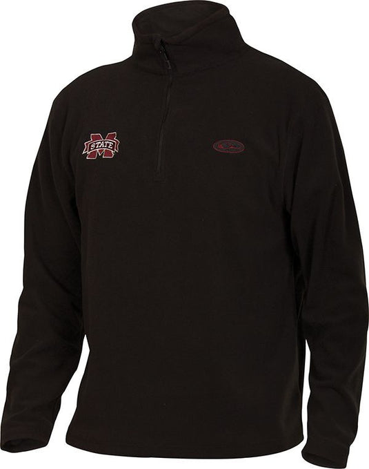 A midweight black jacket with Mississippi State embroidered logo on right chest. Perfect for cool fall days. 1/4 Zip Pullover.